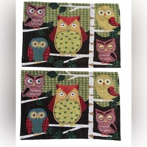 Set of Two Woven Tapestry Owl Placemats Autumn Fall